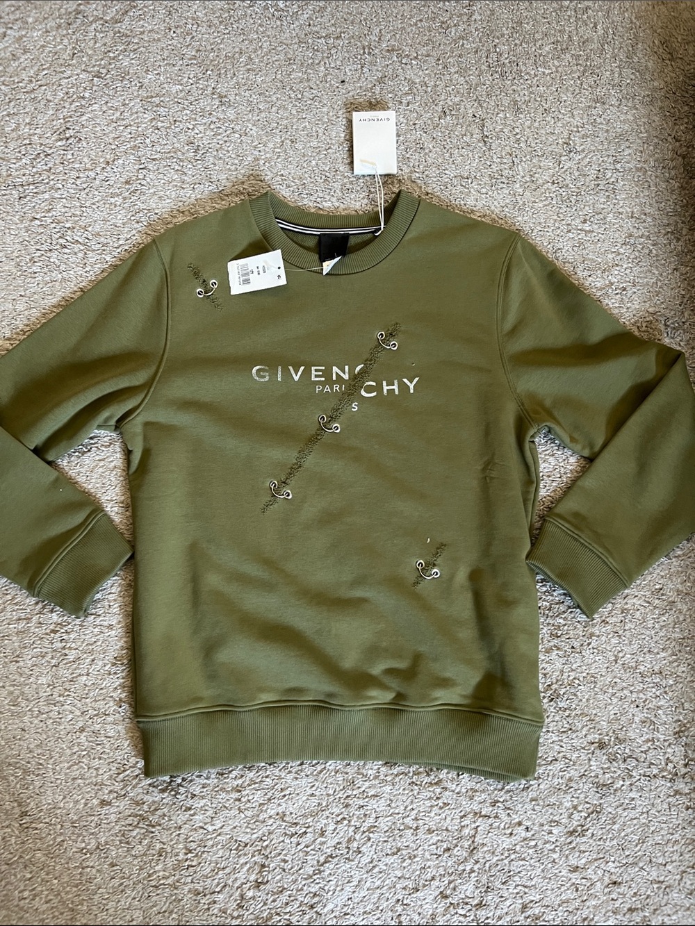 Kids Givenchy Olive Green Distressed Logo Crewneck Sweater Sz 12y